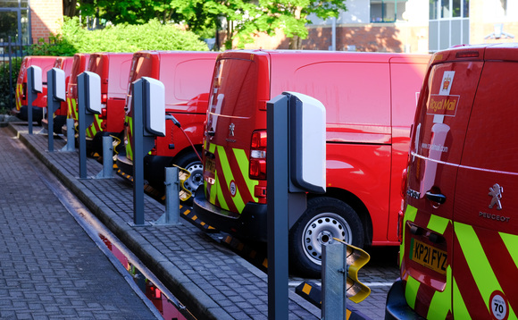 Delivery vans charging at a Royal Mail depot in Bristol | Credit: Royal Mail Delivery vans charging at a Royal Mail depot in Bristol | Credit: Royal Mail